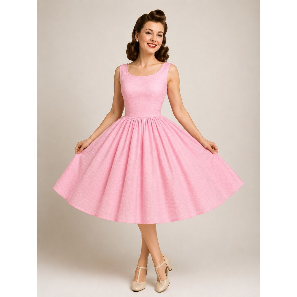 Vintage 1950s Pink Swiss Dot Cotton Full Skirt Dress Rockabilly Mid Century S
